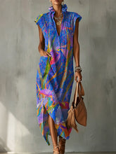 Artistic Floral Decorative Patterns Women's No Sleeve Bud Collar Linen Cotton Dress