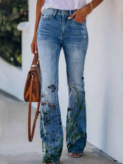 Buttoned High-rise Floral Flared Leg Jeans