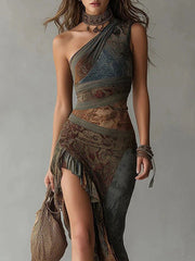 Women's Bohemian Vintage Patchwork Print Asymmetrical Ruffled Maxi Dress
