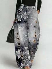 Women's Retro Floral Art Print Casual Stylish Hollow Denim Pants