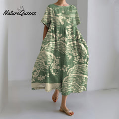 Japanese Art Plum Blossom Printed Crew Neck Casual Midi Dress