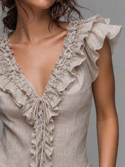 Light Beige Textured Cotton-linen V-neck Ruffle Lace-up Waist Flutter Sleeve Top