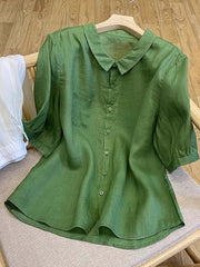 Women's Solid-color Collared Short-sleeve Casual Loose Cotton-linen Top