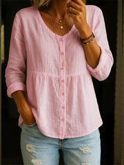 Women's Linen Cotton Blend Shirt - 3/4 Sleeve Crew Neck Loose Hip-Length Casual Blouse