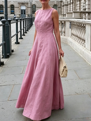 Elegant Boat-neck Pleated Cotton-linen Maxi Dress