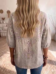 Women's Vintage-print Square-neck 3/4-sleeve Casual Loose Cotton-linen Top