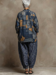 Bohemian Art-print Linen And Cotton Two-piece Top And Pants Set