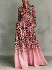 Gradient Leopard Print Stand Collar Button-down Maxi Shirt Dress