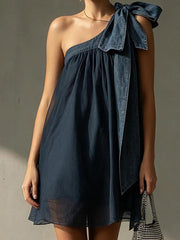 Dark Denim Blue One-Shoulder Bow Chiffon Overlay Mini Dress