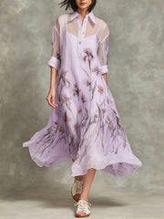 Women's Casual Loose Chiffon Dress Set: Collared 3/4-sleeve Dress With Placement Print