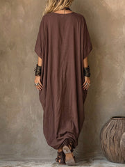 Women's Solid-color V-neck 3/4-sleeve Casual Loose Cotton-linen Dress