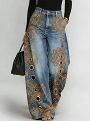 Women's Retro Hippie-style Print Casual Fashion Cutout Jeans