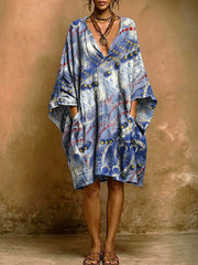 Women's Vintage Floral Print Short-sleeve Cotton-linen Dress