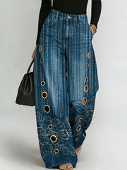 Women's Retro Floral Art Print Casual Stylish Hollow Denim Pants