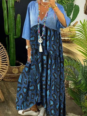 Ursime Vintage Leopard Denim Patchwork Raw Trim Maxi Dress
