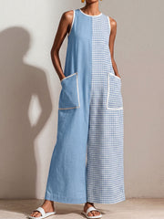 Women's Houndstooth Print Jumpsuit — Crew Neck Sleeveless Casual Loose-fit Cotton-linen Blend Wide-leg