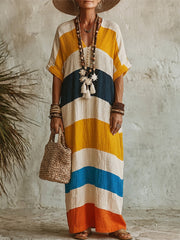 Artistic Vacation Rainbow-striped Cotton-linen Dress