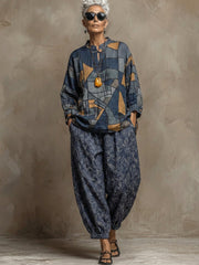 Bohemian Art-print Linen And Cotton Two-piece Top And Pants Set
