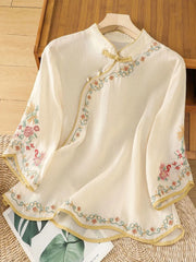 Women's Stand-collar 3/4-sleeve Casual Loose Cotton-linen Embroidered Top