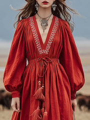 Western-style Vintage Embroidered Red Cotton And Linen Maxi Dress