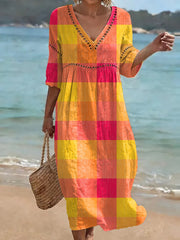 Bohemian-style Color-block Plaid Art Print Cotton-linen Dress