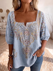 Women's Vintage-print Square-neck 3/4-sleeve Casual Loose Cotton-linen Top