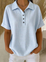 Artistic Cut Striped Cotton-linen Polo Collar Shirt Blouse