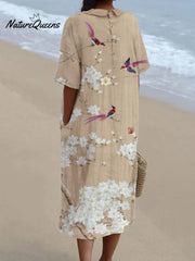 Women's Japanese Art Floral Bird Print Pocket Linen Dress(Convertible Dress With Front And Back Option)