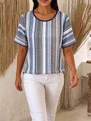 Cozy Artistic Striped Cotton-linen Shirt Blouse