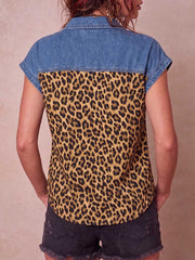 Women's Short-sleeve Casual Top: Loose-fit Denim-paneled Shirt With Leopard Print