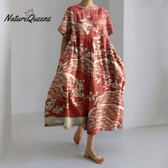 Japanese Art Plum Blossom Printed Crew Neck Casual Midi Dress