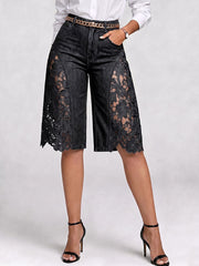 Women's High-waisted Cutout Lace Loose-fit Wide-leg Denim Shorts