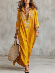 Women's Retro Floral Pattern Art Stylish Cotton Linen Maxi Dress