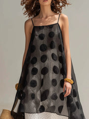 Polka-dot Double-layer Gauze Spaghetti-strap Asymmetrical Maxi Dress