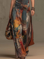 Mixed Cotton Oil Painting Print Halter Neck Front-ruched High-waist High-stretch Draping Wide-leg Jumpsuit