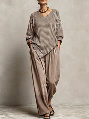 Women's Striped Print V-neck Long-sleeve Casual Loose Cotton-linen Top & High-waisted Wide-leg Pants Set