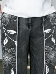 Cozy Artistic Floral Print Jeans