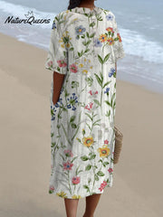 Women's Vintage Lovely Floral Art Print Casual Pocket Linen Dress(Convertible Dress With Front And Back Option)