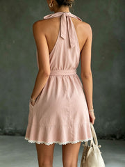 Women's Pockets And Lace-up Lace Trim Detail Casual Halter Dress