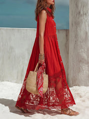 Red Textured Cotton-linen Button-front Lace Spliced Sleeveless Shirt Maxi Dress