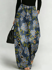 Elegant Floral Decorative Patterns Women's Casual Cotton Denim Pants