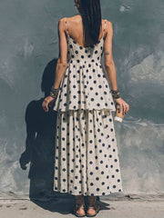 Women's Polka Dot Print Cotton-linen Set: V-neck Sleeveless Loose-fit Camisole & High-waisted A-line Skirt