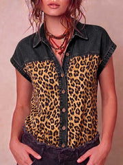 Women's Short-sleeve Casual Top: Loose-fit Denim-paneled Shirt With Leopard Print