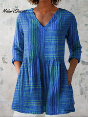 Women's Vintage Colorblock Striped Art Print Casual Linen V-neck Shirt