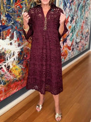 Women's Solid-color V-neck 3/4-sleeve Casual Loose-fit Lace Dress