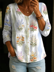 Pastoral-style Floral Print Shirt — Loose-fit, Breathable V-neck Top With 3/4 Sleeves (versatile Style)