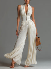 Women's Elegant & Flowy Pleated Halter-neck Long Wide-leg Jumpsuit
