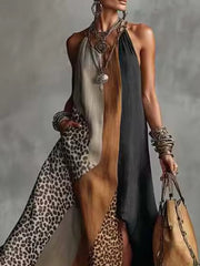 Casual Color-block Sleeveless Linen And Cotton Dress
