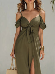 Olive Green Cold Shoulder Tie-front Linen Cotton Maxi Dress