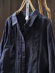 Women Spring Artsy Lace Spliced 100%Cotton Shirt